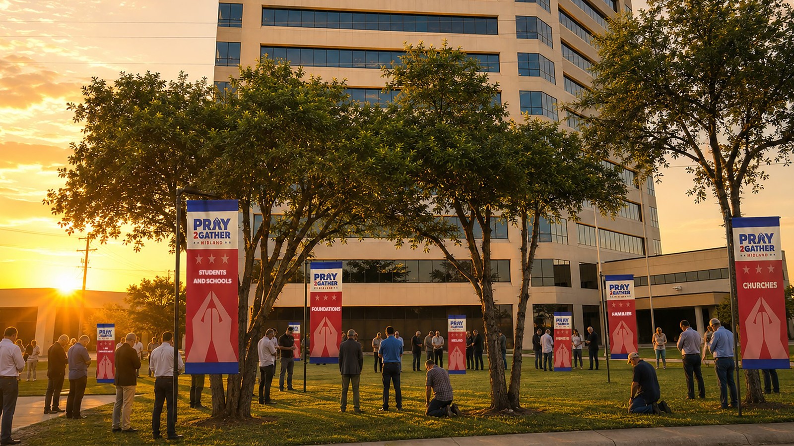 Pray2Gather banners on the south lawn of the Midland County Courthouse at sunrise