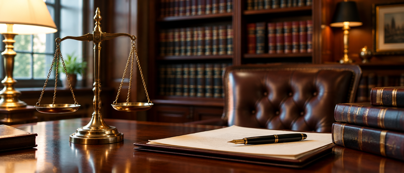 Brass scales of justice and law books on a wooden desk
