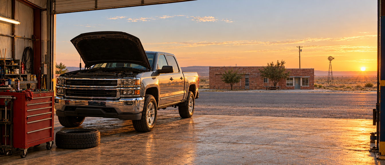 A pickup truck with its hood up in an open auto shop bay at sunset