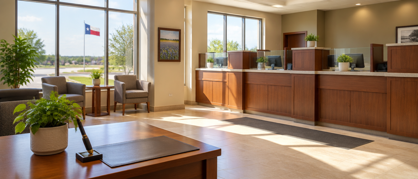 A sunny bank lobby with a wooden teller counter and plants