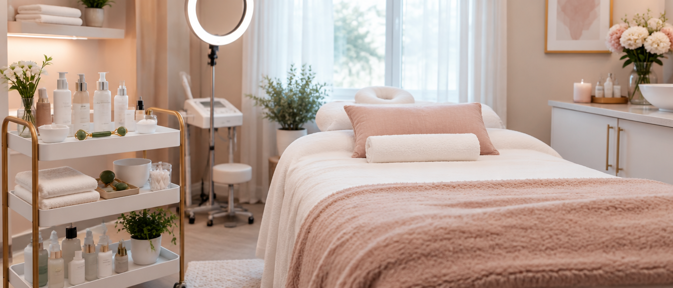 A facial treatment bed and skincare cart in a calm treatment room