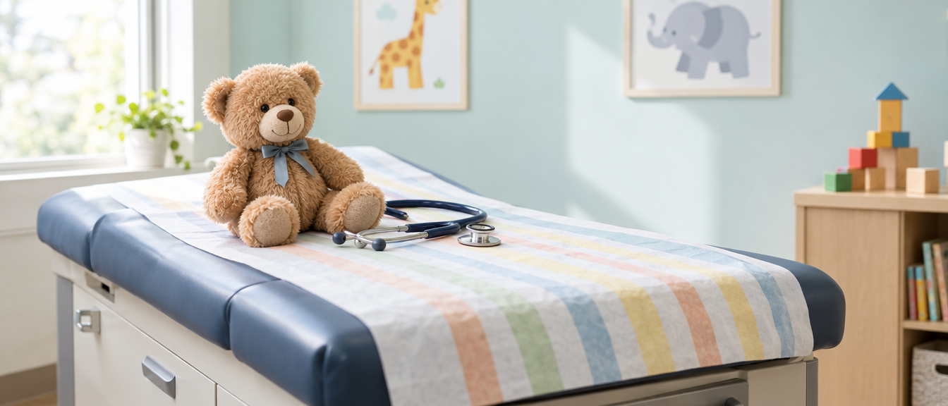 A teddy bear and stethoscope on a pediatric exam table