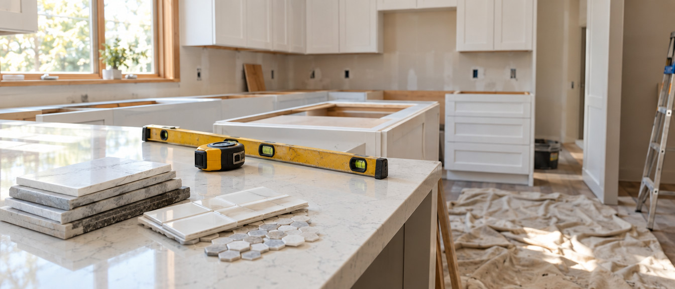 Tile samples, a level and a tape measure in a kitchen being remodeled