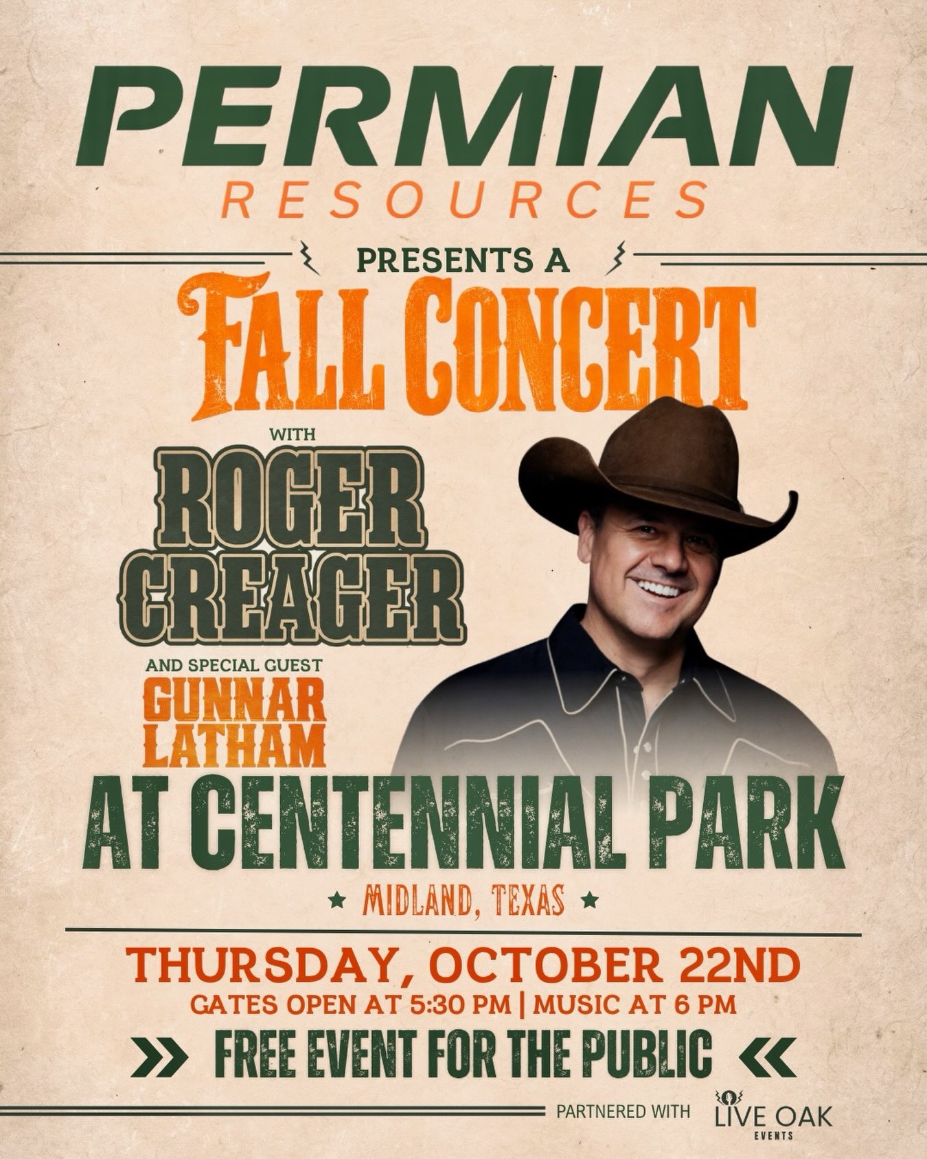 Roger Creager free family night concert at Centennial Park in Midland