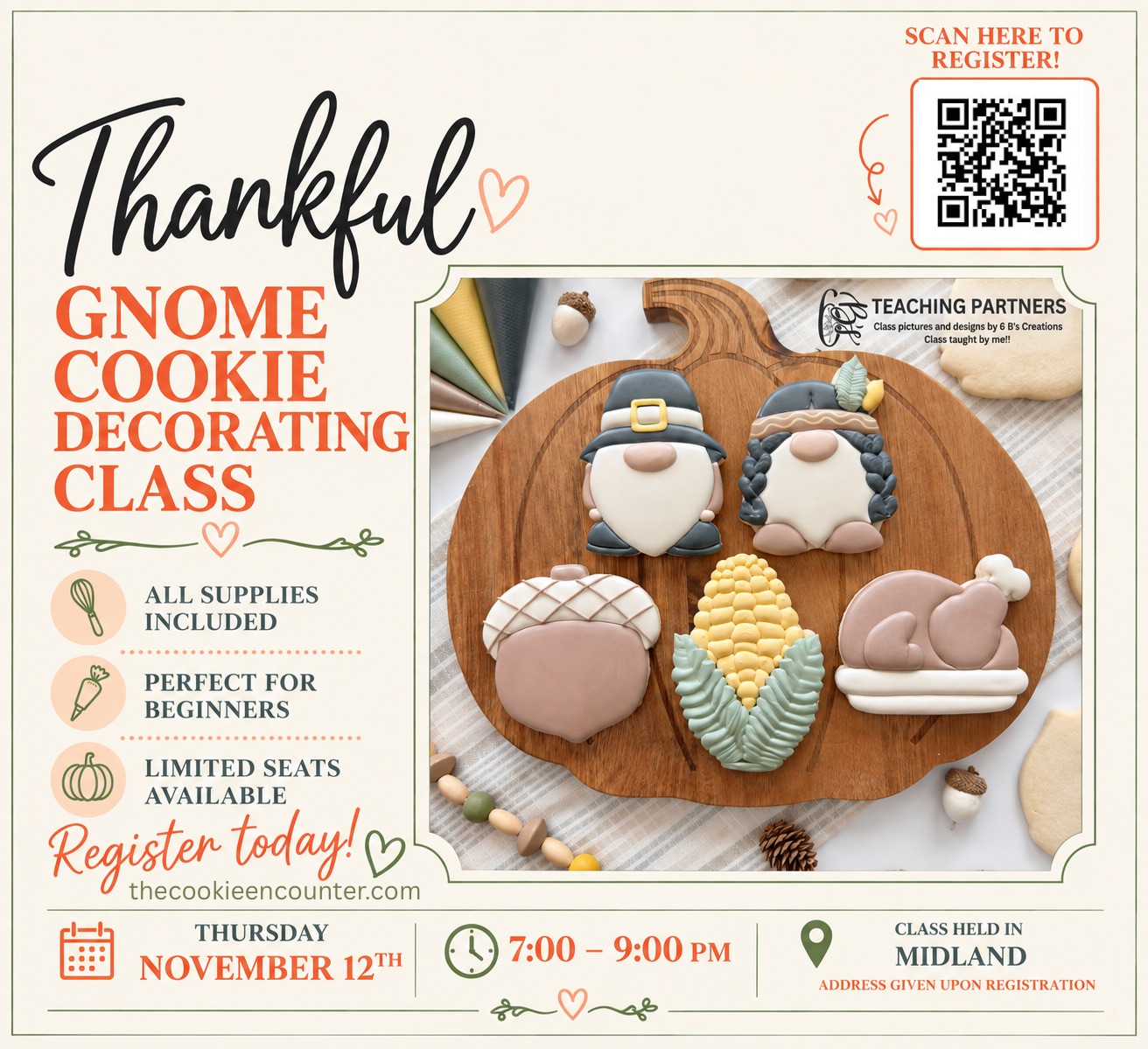 Thankful Gnome Cookie Decorating Class event flyer